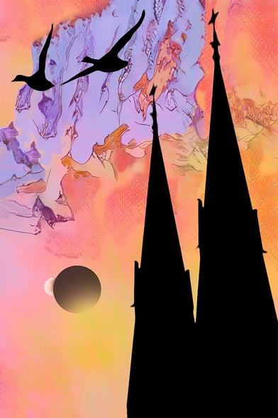 Solar eclipse by two church tower a pair of geese flying high in the sky