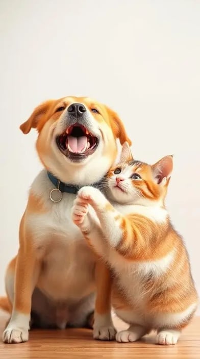 A dog and a cat next to each other showing happiness