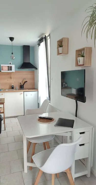 Modern studio for rent with a fully equipped kitchenette, desk area, wall-mounted TV, Scandinavian d