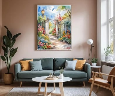 a living room with a couch and a painting