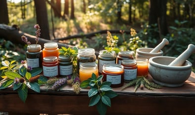 A rustic wooden table adorned with various jars filled with colorful herbal balms and salves.