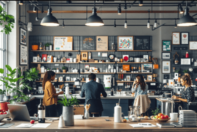 People sitting at a bar in a small business.