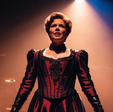 a woman in a red dress and gloves on stage