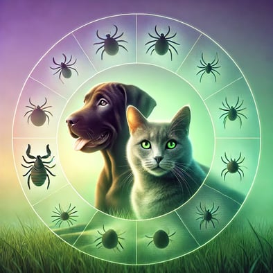 um cão e um gato cercado por parasitas como pulgas e carrapatos
