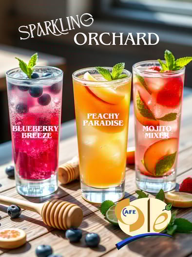Spring Refreshers from cafe ole. Sparkling Orchard lineup of blueberry, peach, and Strawberry mojito