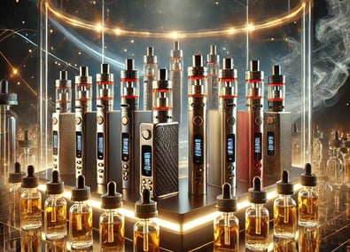 colección de vapers premium en una vitrina de cristal, con luces LED