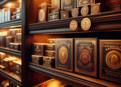 escena elegante en un estanco de lujo, con estantes de madera oscura repletos de cajas de tabaco