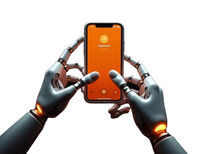 Manos robóticas sosteniendo un móvil con el logo GestioSmart, representando chatbots y automatizació