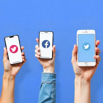 a group of people holding up their phones with social media