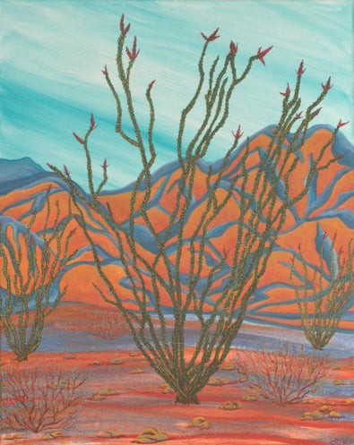 Acrylic painting of three Ocotillo cactus in front of a mountain depicted in orange and blue shapes