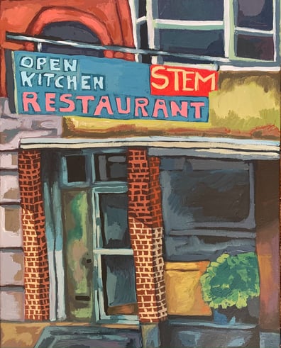 A painting of the Stem Restaurant on Queen St West