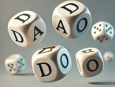 dados caindo sobre uma mesa, formando a palavra DADO em primeiro plano