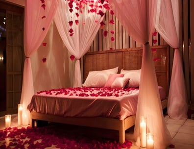 a bed with a canopy bed and candles