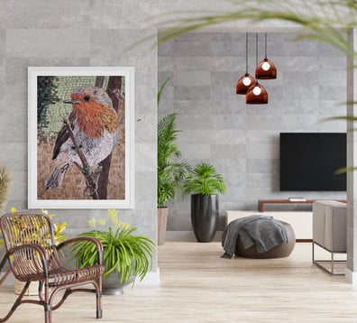 Robin mosaic wall art adds a lively, artistic touch to the contemporary living room decor