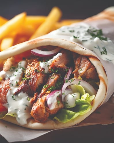 Generous portion of grilled chicken wrapped with fresh salad in soft pita bread