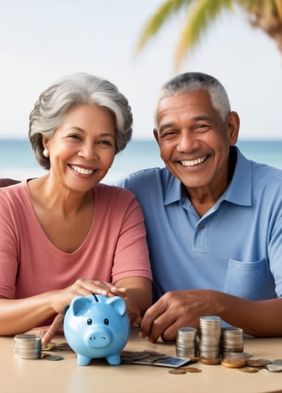 Retired Couple with Piggy Bank and Coins