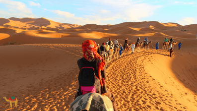 a group of people riding camels in the Sahara desert
