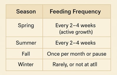 Seasonal plant feeding chart showing how often to fertilize houseplants in spring, summer, fall, and