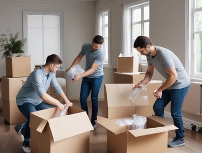 a team of packers moving boxes in a room