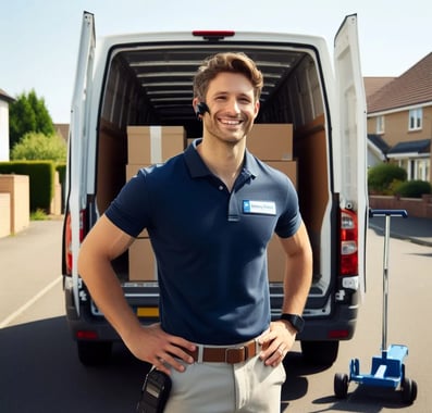 A smiling man in a navy blue polo shirt standing in front of a van loaded with cardboard boxes, repr