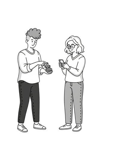 A minimalist black and white illustration of two adults, one showing a fidget toy to another who is