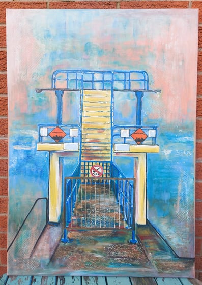 A painting of the diving board at Blackrock, Salthill, Galway, Ireland