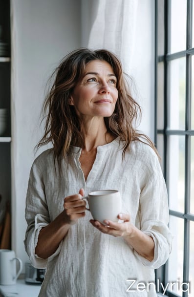 mature woman enjoying tea in a sunlit room, reflecting calm and gentle joint support
