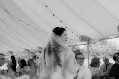 Beautiful black and white photo of a bride smiling on her wedding day