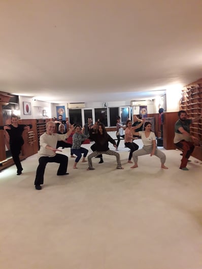 WDP İstanbul students practices Tai Ji movements in Tuplar, standing in low stances with focused intent