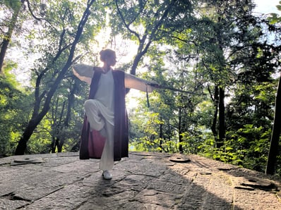 A figure stands in Zhang Sanfeng Bagua circle, holding the sword with calm strength at sunrise