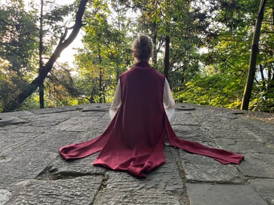 Figure sits in stillness, sunlight and silence folding into the breath of ancient Zhang Sanfeng Bagua ground