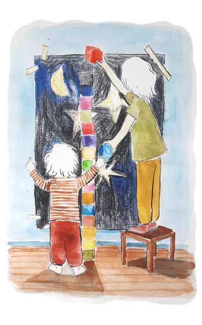 brothers-are-building-a-tower; watercolour on paper