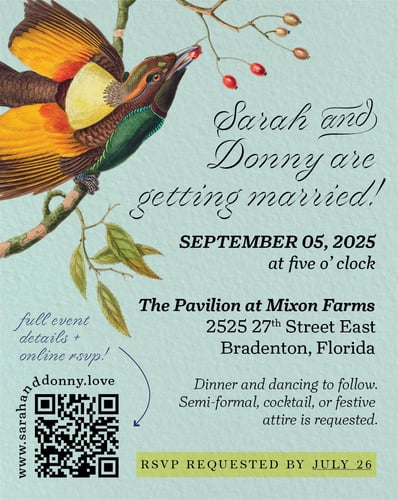 Sarah & Donny are getting married! 9/5/25 at 5 o' clock The Pavilion at Mixon Farms 2525 27th St E Bradenton FL