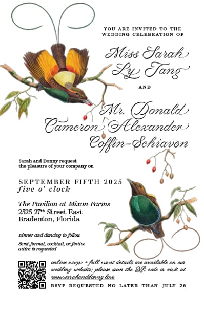 You are invited to the wedding celebration of Ms. Sarah Ly Tang and Mr. Donald Cameron Alexander Coffin-Schiavon