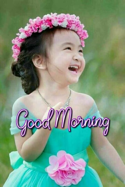 Good Morning greeting image with happy girl child and floral design