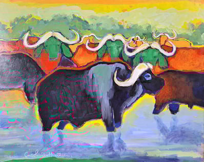 Oeuvre d'art animalier peinture d'artiste buffles