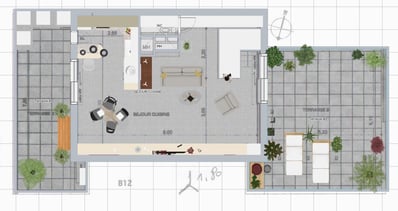 Plan 2D d'étude d'un appartement duplex à Toulon avec des espaces optimisés et une décoration moderne.