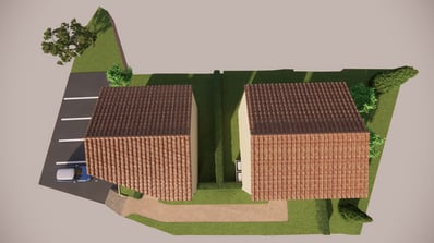 Vue aérienne 3D des deux villas VEFA avec jardins - Projet immobilier à Saint-Mandrier (Var)