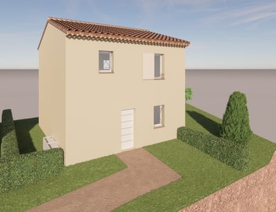 Vue 3D drone, simulation du projet VEFA - Deux maisons modernes dans leur environnement