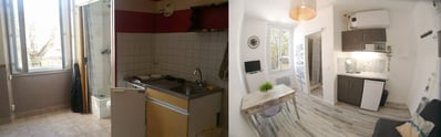 Avant/après studio Saint-Elme : Rénovation complète, du plan à la décoration par i3deco, spécialiste Var.