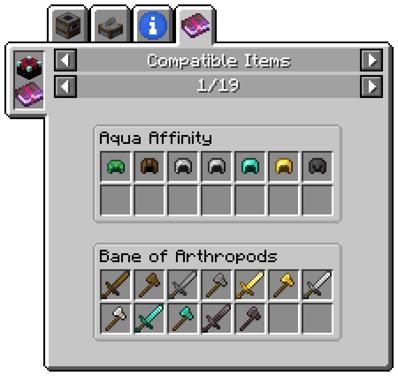 When JEI is installed you can see additional enchantment information such as a list of all items that can be enchanted by a g