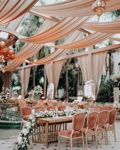 A beautifully themed wedding setup featuring an elegantly decorated table with lush floral centerpieces