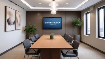 A modern coworking space with a stylish and open layout. The room features a long bar-style table with high black chairs, pendant lighting, and a glass partition on one side. Two people are seated at a round table in the center, engaged in discussion, and using laptops. The room is decorated with plants, shelves, and a large green abstract mural on the wall.