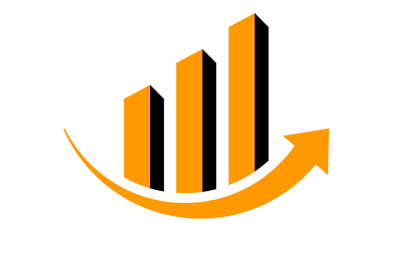 a black and orange arrow pointing upward logo