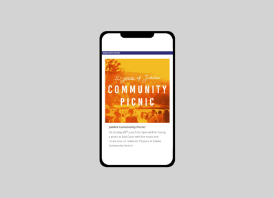Mobile view of Jubilee Community Church’s Community Picnic event announcement.