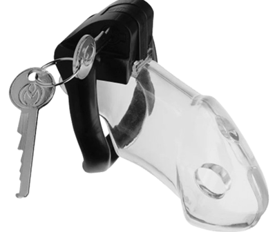 a picture of a clear male chastity cage with a black ring and metal keys on a clear background