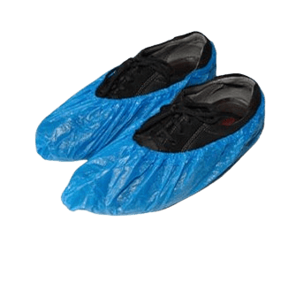 a pair of blue plastic shoe covers on a pair of shoes