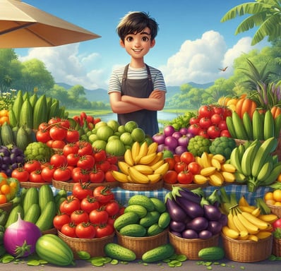 a boy standing in front of a table with a bunch of fruits and vegetables