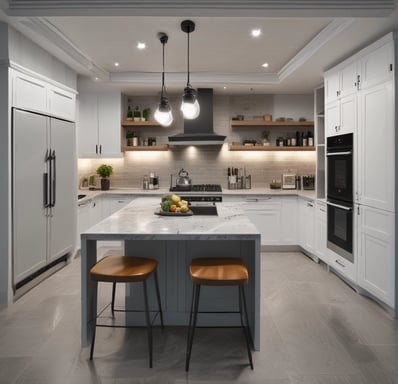 a redesigned kitchen with a large island 