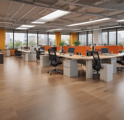 A modern and vibrant interior with colorful architectural features including blue, orange, and green elements. The design includes angular lines, geometric patterns, and a mix of materials. Several people are walking through the space, which has multiple levels connected by walkways and stairs. The ceiling is adorned with a unique pattern, adding to the dynamic visual effect.
